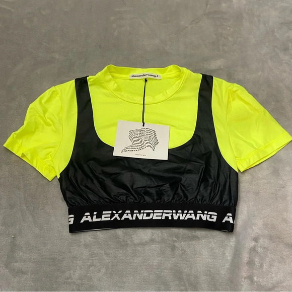 New! Alexander Wang Wash & Go Satin Jersey Logo Elastic Crop Top 27280 - Picture 3 of 8